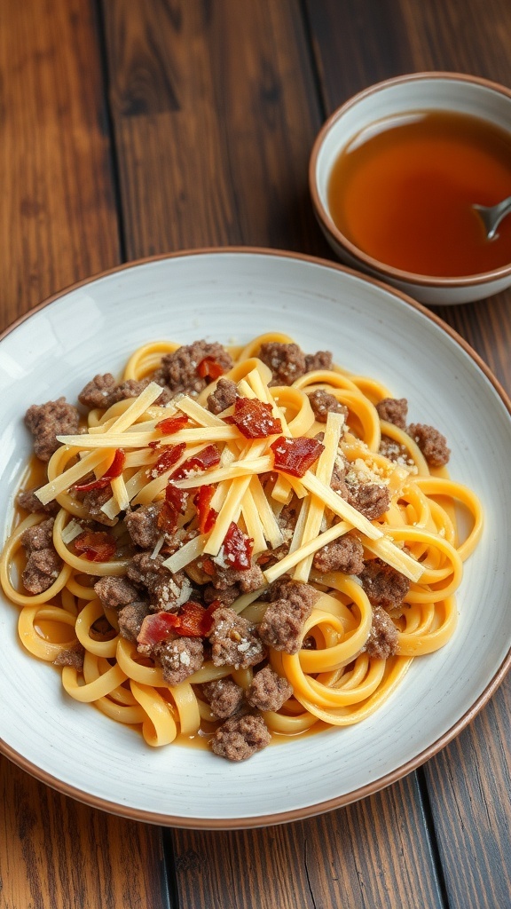 Carnivore noodles made from ground meat, topped with cheese and bacon, served on a rustic table.